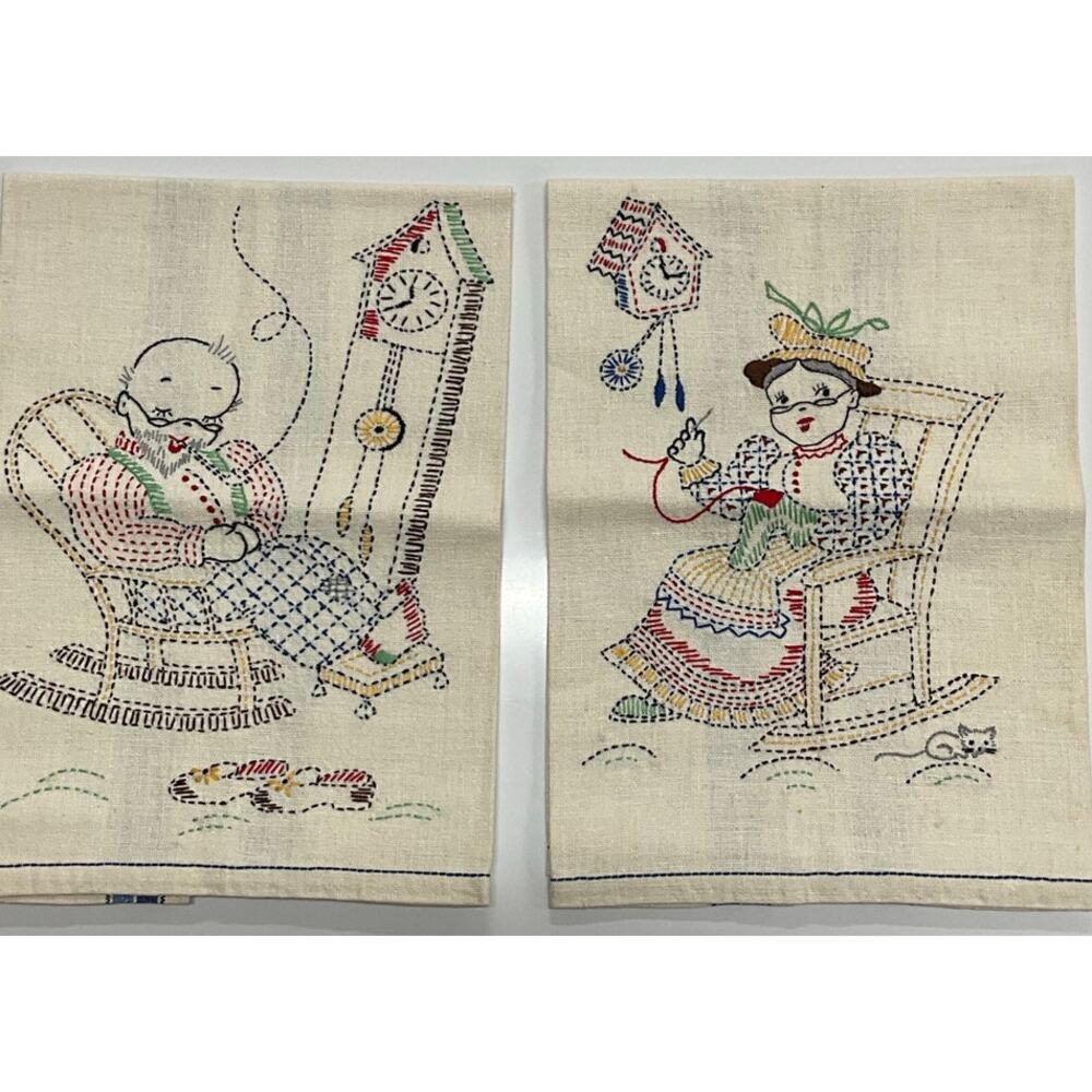 Vintage 2 Handmade Embroidery Kitchen Dish Towels Grandma Grandpa Rock'n NEW - Picture 7 of 7